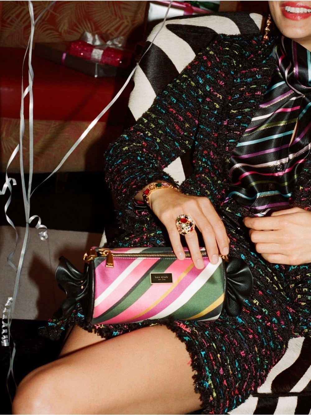 kate spade Sweet Treats Festive Multi Stripe Jacquard Small Barrel Bag - Picture 12 of 13